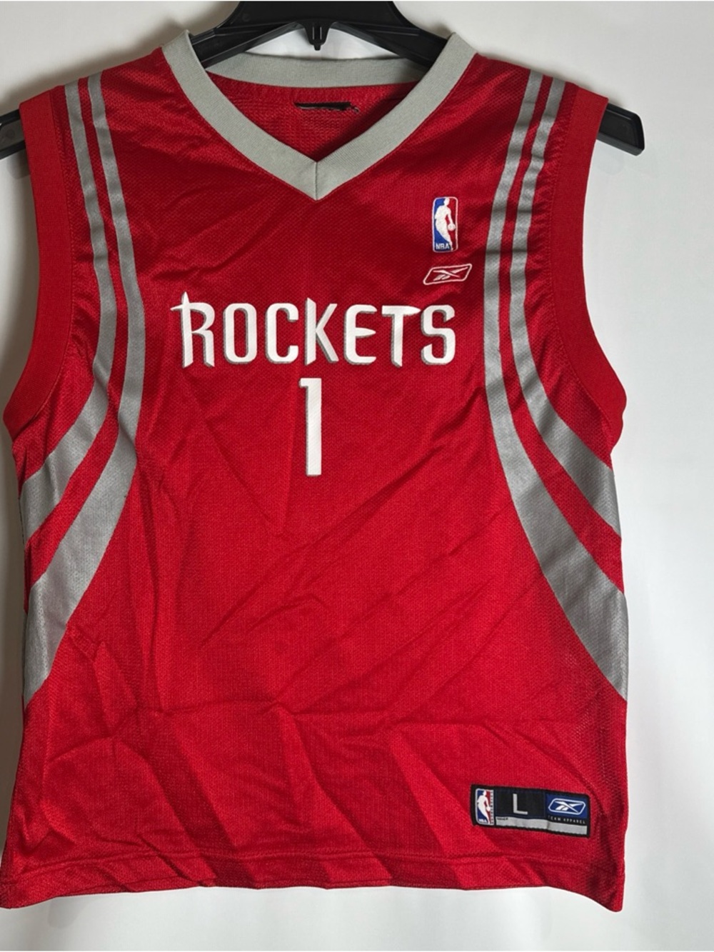 Reebok Tracey Mcgrady Red Basketball Jersey with Silver Trim and NBA Patch Youth